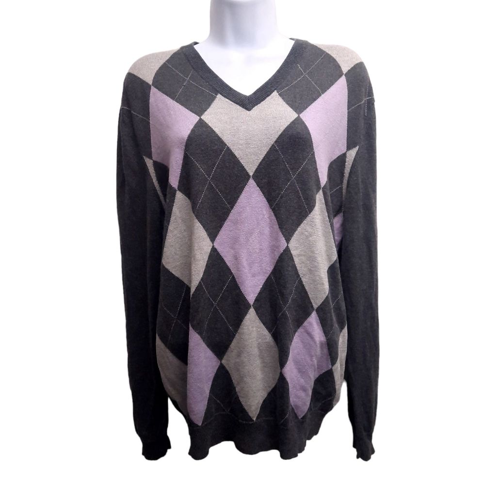 Express Argyle Silk/Cashmere Pullover Sweater Grey Pink V Neck Academic Preppy L